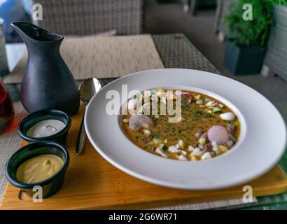 Okroshka, a Russian cold soup, served on a white plate; ingredients are kvas, raw vegetables, cooked meat. Stock Photo