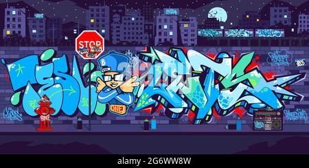 Dark Outdoor Urban Graffiti Wall With Drawings At Night Against The Background Of The Cityscape Vector Illustration Art Stock Vector