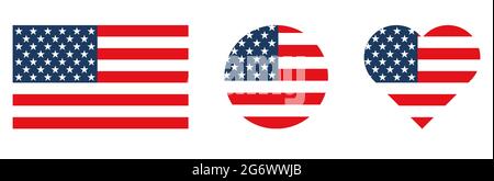 Set of American flag in the shape of square, heart and circle. Vector illustration isolated on white background Stock Vector