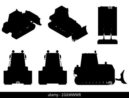 Set with silhouettes of a bulldozer in different positions isolated on a white background. Vector illustration. Stock Vector