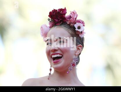 Cannes, France. 8th July, 2021. Actress Haley Lu Richardson arrives for the screening of the film 'Stillwater' at the 74th edition of the Cannes Film Festival in Cannes, southern France, on July 8, 2021. Credit: Gao Jing/Xinhua/Alamy Live News Stock Photo