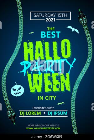 Halloween party club vector flyer template. DJ, music background with snake, pumpkin and bat Stock Vector