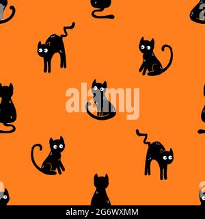 Fun hand drawn cats, cute halloween seamless pattern, great as background, textiles, banners, wallpapers, wrapping - vector design Stock Vector