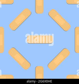 Seamless pattern with sticking plasters. Medical patch repeat texture. On blue background. Stock Vector