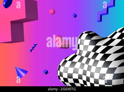 Abstract background with flying colorful 3D geometric shapes over vibrant gradient backdrop. Bold color abstraction with checkered shape in 90s style. Stock Vector