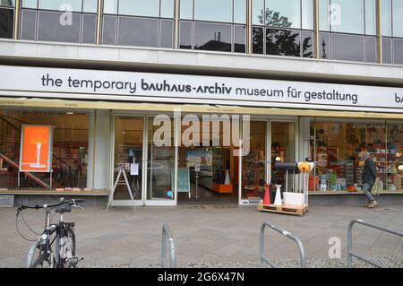 The entrance of the temporary bauhaus-archiv museum für gestaltung at Knesebeckstrasse in Charlottenburg, Berlin, Germany - July 8, 2021. Stock Photo
