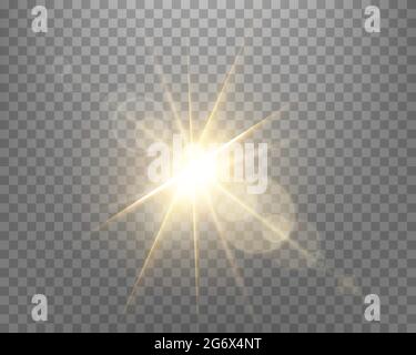 Sunlight lens flare, sun flash with rays and spotlight. Gold glowing burst explosion on a transparent background.  Vector illustration. Stock Vector