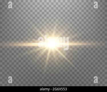 Sunlight lens flare, sun flash with rays and spotlight. Gold glowing burst explosion on a transparent background.  Vector illustration. Stock Vector