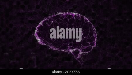 Image of a digital glowing purple 3d human brain spinning Stock Photo