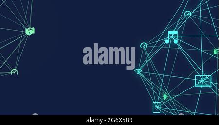 Image of two globes of network connections with multimedia icons Stock Photo