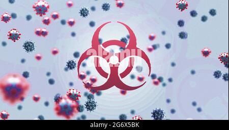Image of a red hazard sign with macro Covid-19 cells floating on a blue background Stock Photo