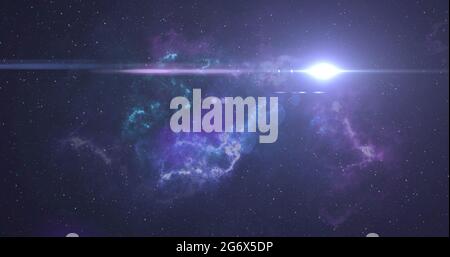 Glowing white spot of light and blue and pink nebula moving in the night sky Stock Photo