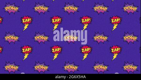 Image of multiple cartoon bubble with ZAP and POW written in yellow on a purple background Stock Photo