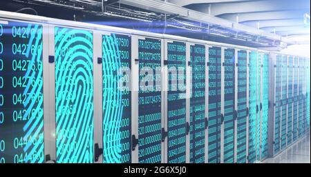 Fingerprint scanner and data processing over server room Stock Photo