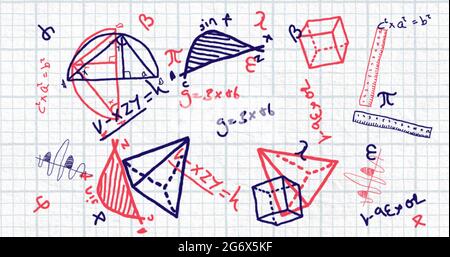 Mathematical equations and geometric shapes moving against square lined paper Stock Photo