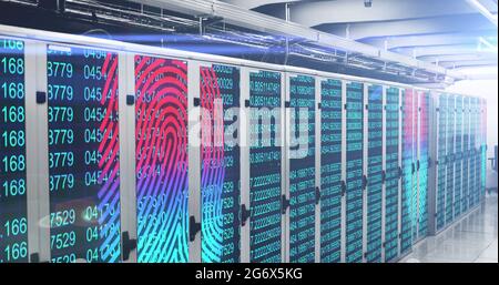 Fingerprint scanner and data processing over server room Stock Photo