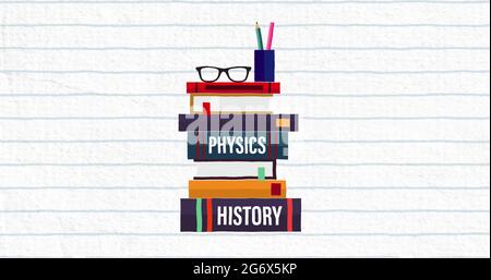 Image of several falling books with a blue grid on a white background Stock Photo