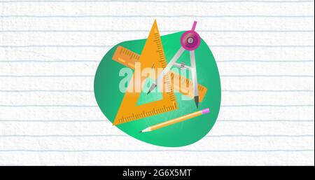 Image of several geometrical materials on a green form with blue lines on a white background Stock Photo