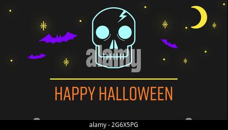 Happy Halloween text against skull, bats and moon on black background Stock Photo