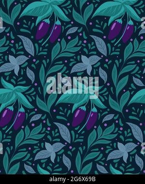 Seamless pattern with eggplants on the bushes, basil twigs and doodle decoration on white background. Vector natural flat texture. Gardening. Wallpape Stock Vector