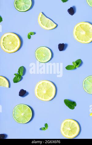 Lemon, lime, mint, blackberry pattern. Top view. Stock Photo