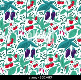 Seamless pattern with vegetables and foliage. Vector texture with eggplants, cherry tomatoes with doodle decoration on white background. Natural garde Stock Vector