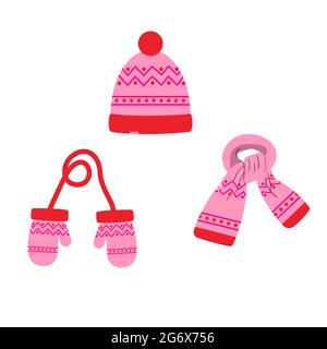 set of hat, scarf, pink mittens with a pattern, winter. vector isolated on a white background Stock Vector