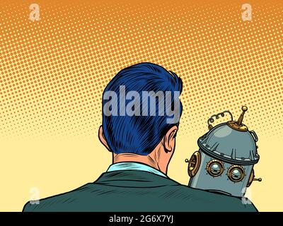 An emotional robot is sad on the shoulder of its creator. Engineer and product. Artificial intelligence and humanity Stock Vector