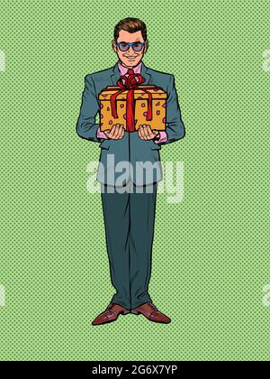 Gift box with a red ribbon on a pop art background. A white man in a suit. A holiday surprise, a purchase. Christmas, birthday or wedding Stock Vector