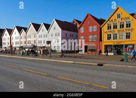 Bryggen, known as Tyskebryggen, is a series of colourful Hanseatic heritage commercial buildings lining the eastern side of the Vågen harbour Stock Photo