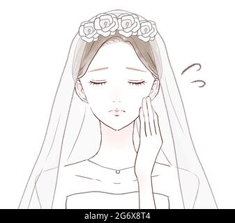 Bride in trouble with her hands on her cheeks. On a white background. Simple and cute art style.1 person, front, bust-up. Stock Photo