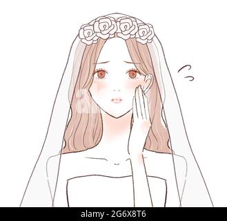 Bride in trouble with her hands on her cheeks. On a white background. Simple and cute art style.1 person, front, bust-up. Stock Photo