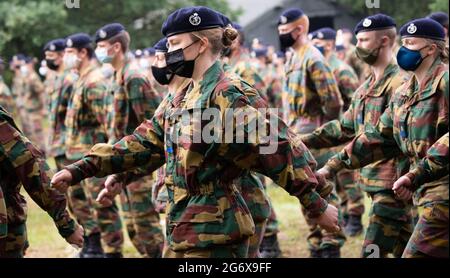 Crown Princess Elisabeth pictured during a tactical military exercice of the Royal Military Academy at the Lagland camp in Arlon on Friday 09 July 202 Stock Photo