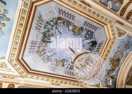 Queluz Palace, Sintra Municipality, Portugal.   Painted ceiling showing the Royal Family at a musical soiree in the Sala dos Embaixadores, or Hall of Stock Photo