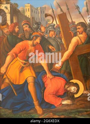VIENNA, AUSTIRA - JUNI 17, 2021: The painting Jesus fall under the cross  as part of Cross way stations in church Rochuskirche by unknown artist. Stock Photo