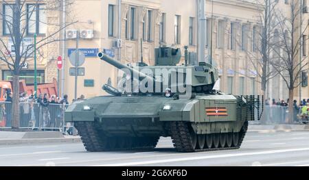 April 30, 2021 Moscow, Russia. Promising Russian T-14 Armata Main Tank on Tverskaya Street in Moscow. Stock Photo