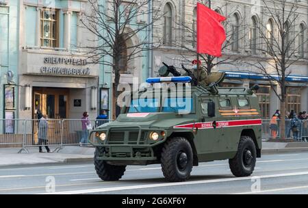 April 30, 2021 Moscow, Russia. Tiger armored car of the Russian Military Police on Tverskaya Street in Moscow. Stock Photo