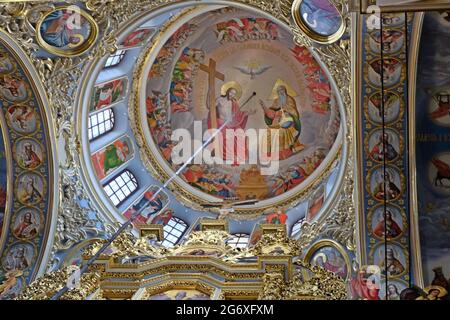 Domed roof of the church of Saints Anthony and Theodosius who founded the Russian and Ukrainian monastic tradition in the 11th century. Stock Photo