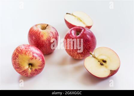 Apples on a grey background. Concept of healthy nutrition and vitamins. Flat lay with copy space. Horizontal orientation Stock Photo