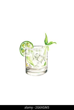 Hand - Painted watercolour illustration of a Gin and tonic or mojito, with ice, mint and lime on a white background Stock Photo