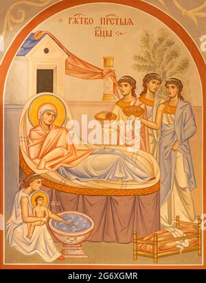 VIENNA, AUSTIRA - JUNI 17, 2021: The fresco of Nativity of St. John the Baptist in the Russian orthodox cathedral by Archimandrit Zinon (2006 - 2008). Stock Photo
