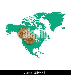 Bitcoin cryptocurrency coin on a map of North America Stock Photo