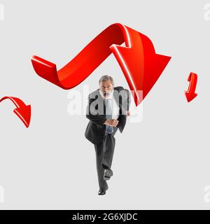 Modern art collage. Running business man and arrows. Copyspace for advertisement. Stock Photo