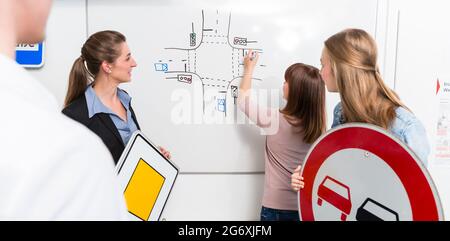 Learner in driving lessons theory explaining traffic situation on white board Stock Photo