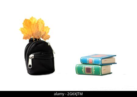 Back to school - black backpack with yellow leaves and two books on white background Stock Photo