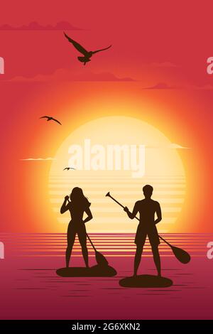 Seascape with two person on SUP paddle board Stock Vector