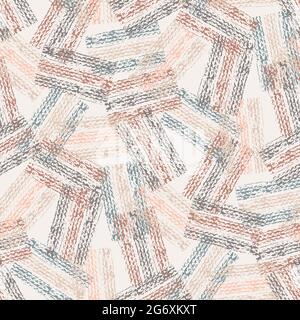 Abstract vector gauze brush effect rectangles seamless pattern background. Backdrop of scattered pink blue beige painterly striped shapes with spliced Stock Vector