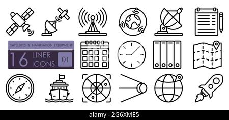 Navigation equipment, satellite communications, GPS positioning technologies. Satellites, wireless technologies, navigation. Set of simple linear icon Stock Vector