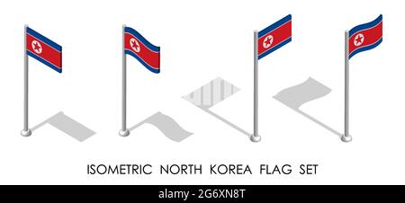 isometric flag of DPRK, North Korea in static position and in motion on flagpole. 3d vector Stock Vector