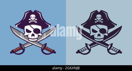 Skull with crossed sabers. Pirate concept art in cartoon style Stock ...